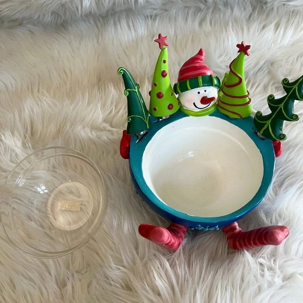 Snowman Christmas Dip Bowl Set with 4 Tree Handle Stainless Steel Spreaders